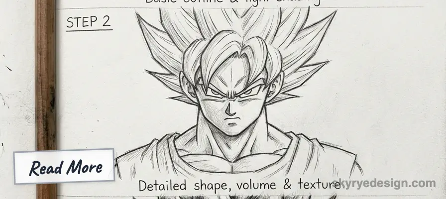 Pencil sketch tutorial Step 2: detailed anime drawing of Goku with spiky hair, stern expression and textured shading