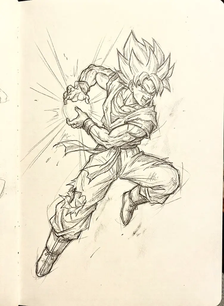 Super Saiyan Goku pencil sketch, Dragon Ball fan art of Goku charging an energy blast in dynamic high-detail action pose.
