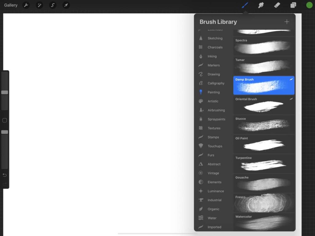 Digital art app interface showing brush library with Damp Brush selected on a blank canvas.