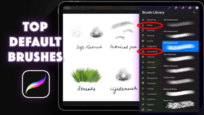 Procreate app interface showcasing top default brushes like inking and airbrushing in the brush library.