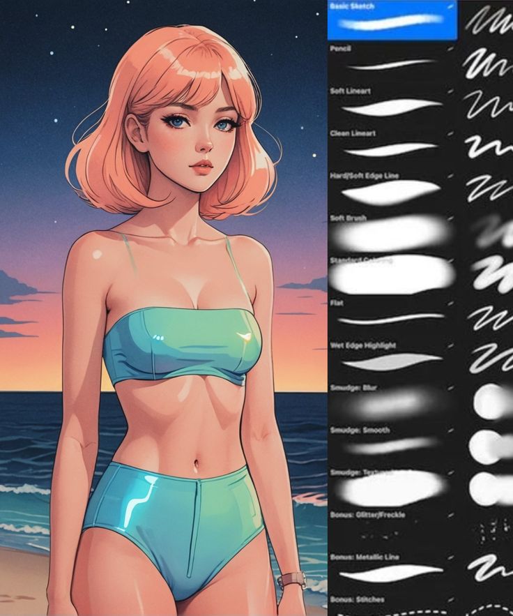 Anime girl in blue swimsuit at sunset, with digital art brush options on the side.