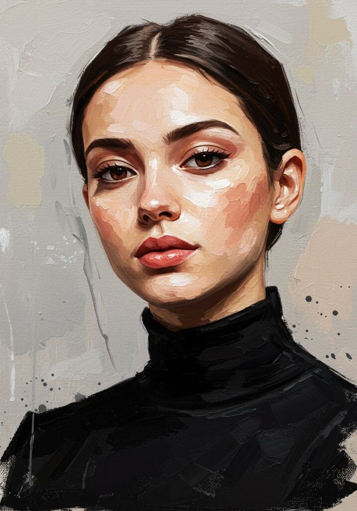 Portrait of a woman in a black turtleneck, painted in a realistic style with neutral background.