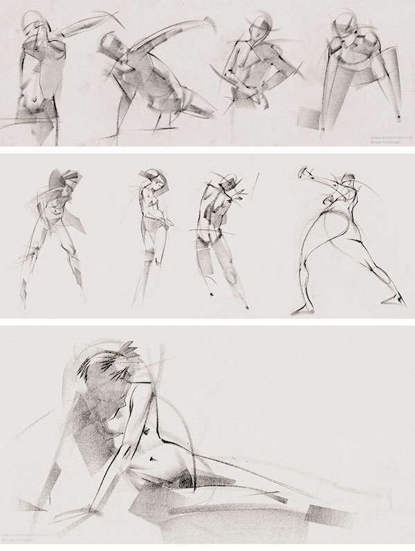 Dynamic charcoal figure sketches demonstrating movement and anatomy on a neutral background.