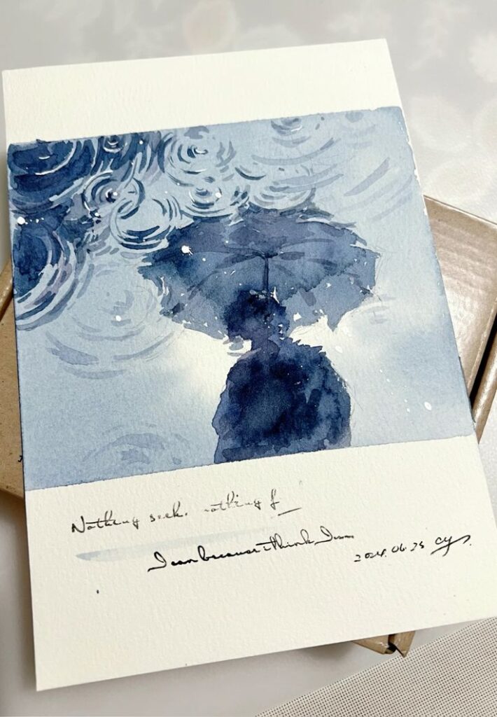 Watercolor painting of a person with an umbrella in the rain, featuring artistic swirls and handwritten text.