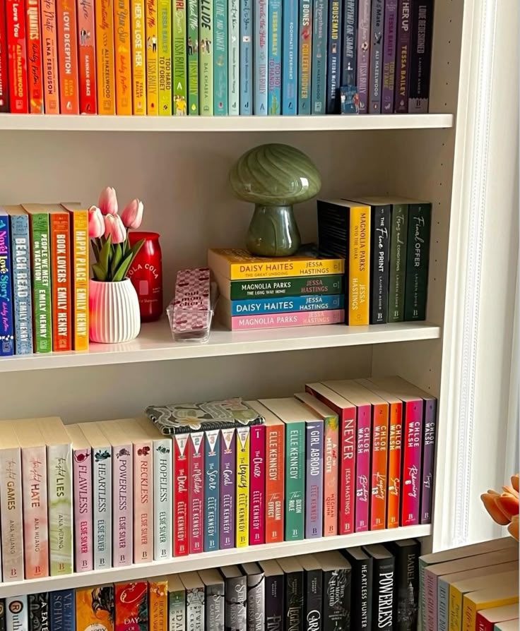 Colorful bookshelf with a variety of books sorted by spine color, a green vase, and decorative items on the shelves.