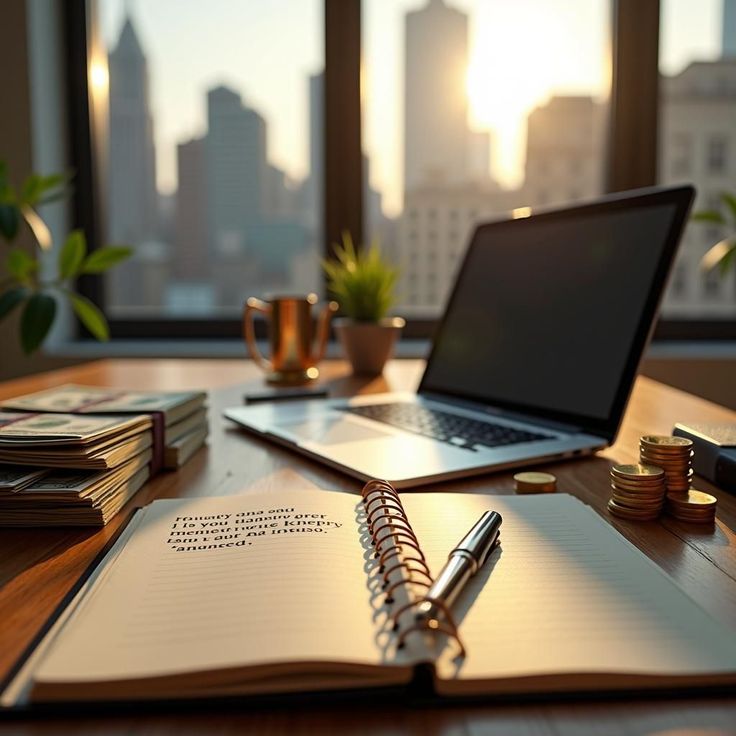 Modern workspace with open laptop, notebook, and city view, sunlight streaming through windows.