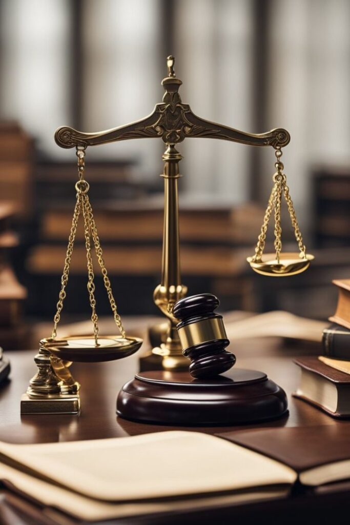 Golden scales of justice and gavel on a legal desk in a courtroom setting, symbolizing fairness and law.