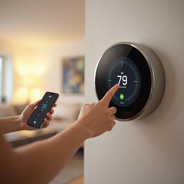 Person adjusting smart thermostat via smartphone in modern home setting.