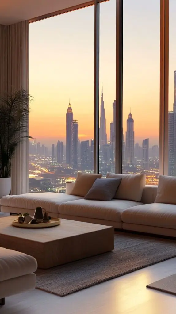Минималистичный гостиная с панорамным видом на футуристический город Modern living room with a view of a city skyline at sunset through large windows, featuring a cozy sofa and decor. | Sky Rye Design Modern living room with a view of a city skyline at sunset through large windows, featuring a cozy sofa and decor.