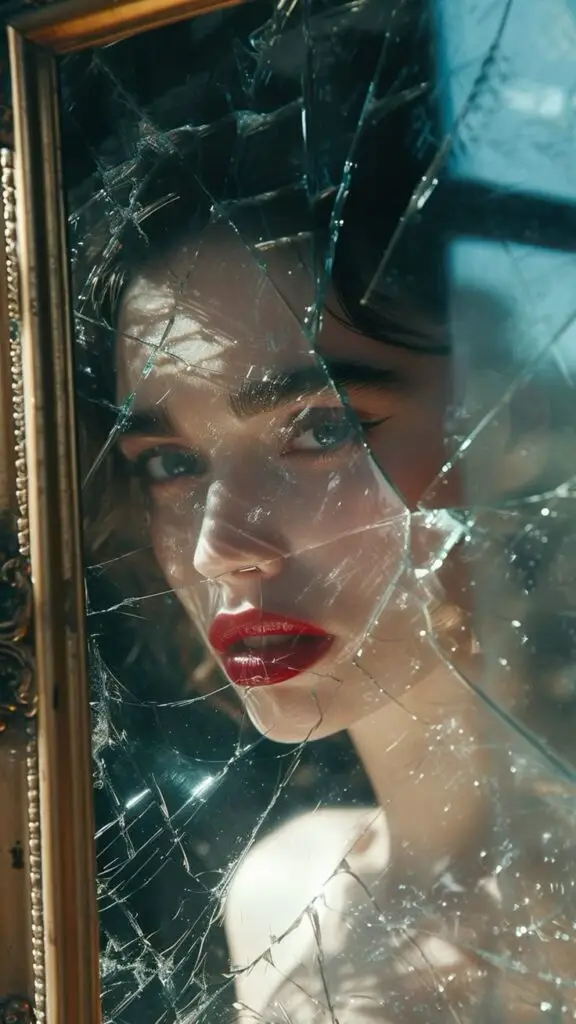 Осколки Woman's face through cracked mirror, red lips, vintage frame, dramatic light effects. | Sky Rye Design Woman's face through cracked mirror, red lips, vintage frame, dramatic light effects.