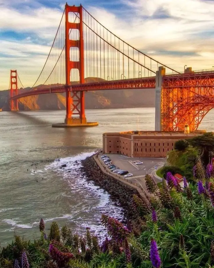 🌉Transformation Thursday_ The Evolution of the Golden Gate Bridge at sunset with vibrant flowers in the foreground, San Francisco iconic landmark view. | Sky Rye Design Golden Gate Bridge at sunset with vibrant flowers in the foreground, San Francisco iconic landmark view.