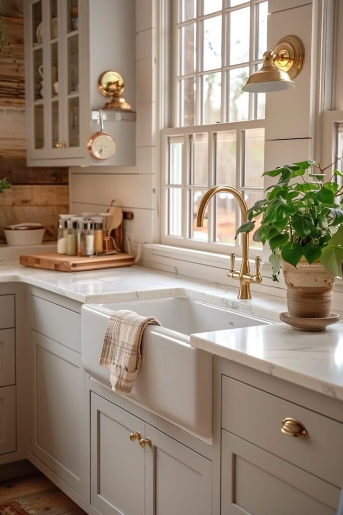 Cozy farmhouse kitchen with white cabinets, apron sink, brass fixtures, indoor plant, and natural light.