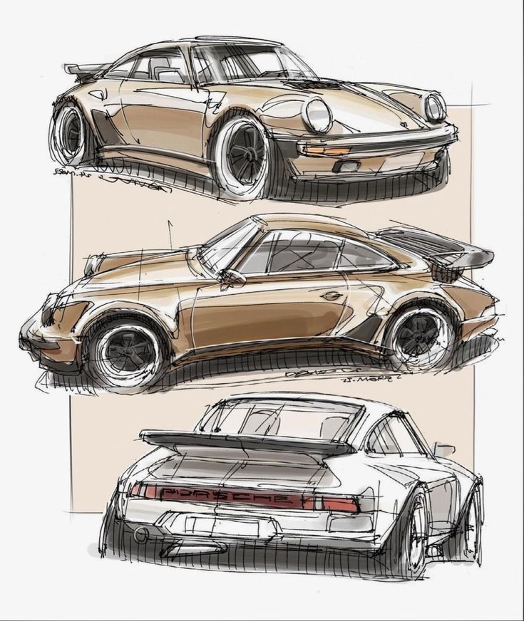 Illustration of a vintage sports car design showcasing front, side, and rear views with detailed sketches.