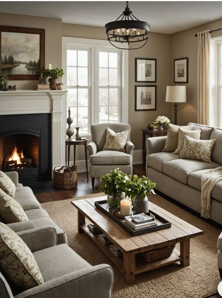 Cozy living room with fireplace, beige sofas, wooden coffee table, rustic decor, and large windows letting in natural light.