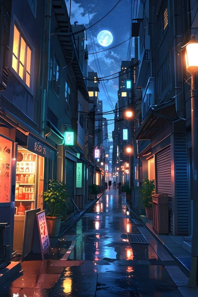 Anime-style city alley at night, lit by lanterns and moonlight, with cozy shop fronts and glowing signs reflecting on wet pavement.