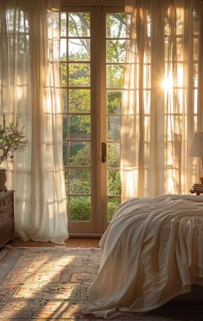 Cozy bedroom with sunlight streaming through sheer curtains, illuminating a bed and wooden doors with garden view.