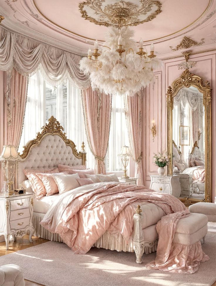 Luxurious pink bedroom with ornate decor, plush bedding, vintage chandelier, and elegant furnishings.