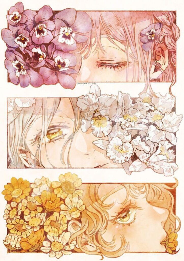 Delicate anime portraits with vibrant flowers, showcasing purple, white, and yellow blossoms. Art by Umeya Mika.