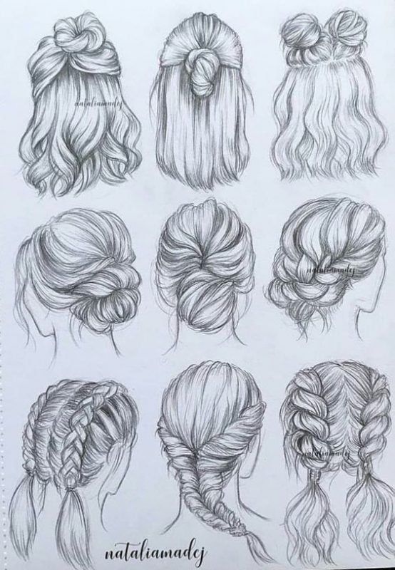Hand-drawn hairstyles in various braid and bun styles, showcasing elegant and creative updos.