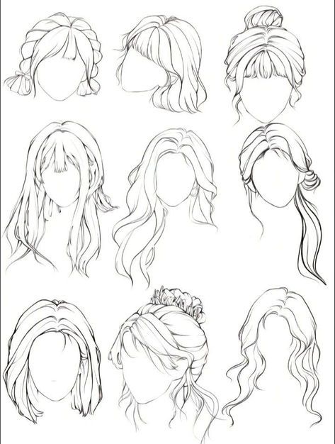 Collection of line art female hairstyles, including braids, waves, and updos. Perfect for hairstyling inspiration.