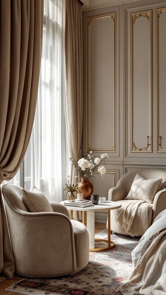 Elegant beige living room with cozy armchairs, round table, flowers, and natural light through curtains.