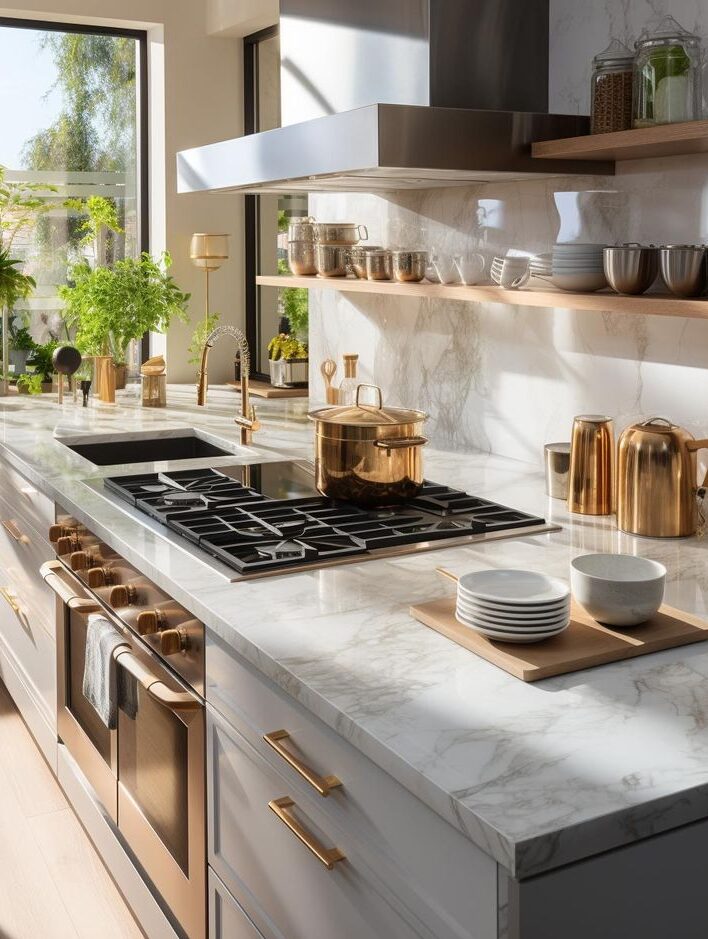 Modern kitchen with marble countertops, brass accents, and greenery. Elegant cookware and natural light enhance the space.