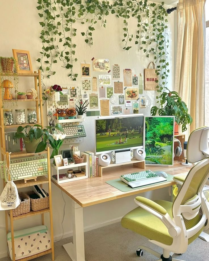 Stylish home office with plants, dual monitors, and organized desk space, featuring a modern chair and wall decor.