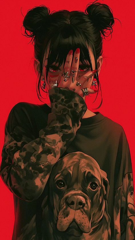 Illustrated girl with space buns, covering one eye, in a dog-print shirt against a bold red background.