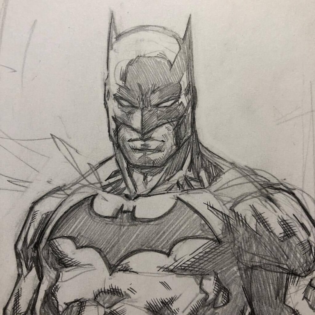 Sketch of a superhero with a bat emblem on chest, showcasing detailed pencil shading and strong expression.