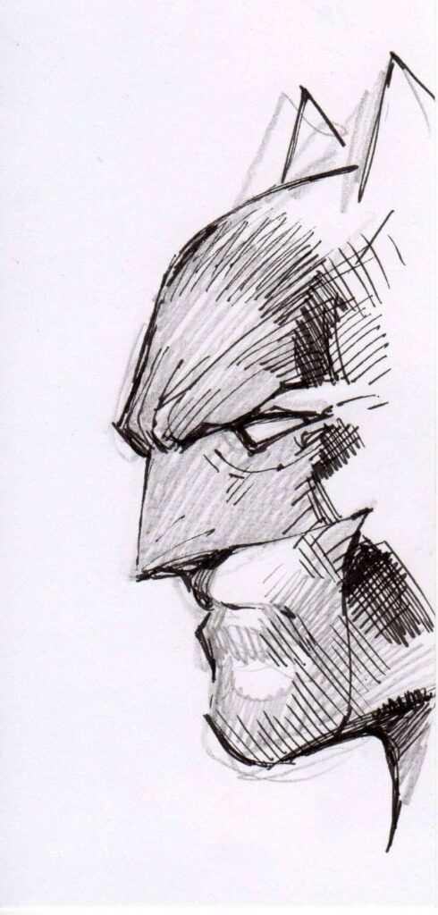 Close-up sketch of a superhero with pointed ears, using bold pencil strokes and shading. Side profile.