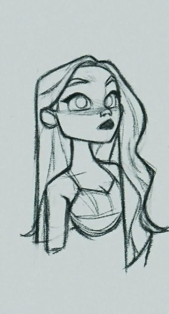 Sketch of an animated girl with long hair, looking to the side with a surprised expression.