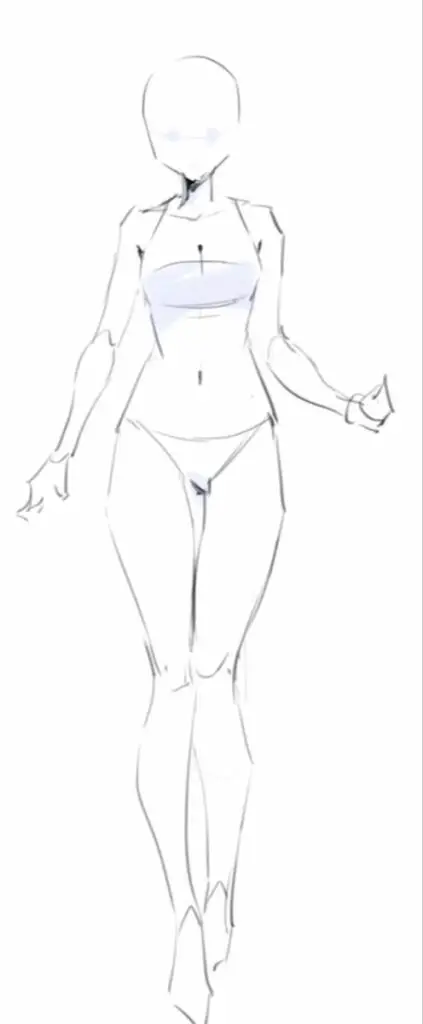 Sketch of a female figure with minimal lines, capturing a dynamic pose in monochrome style.