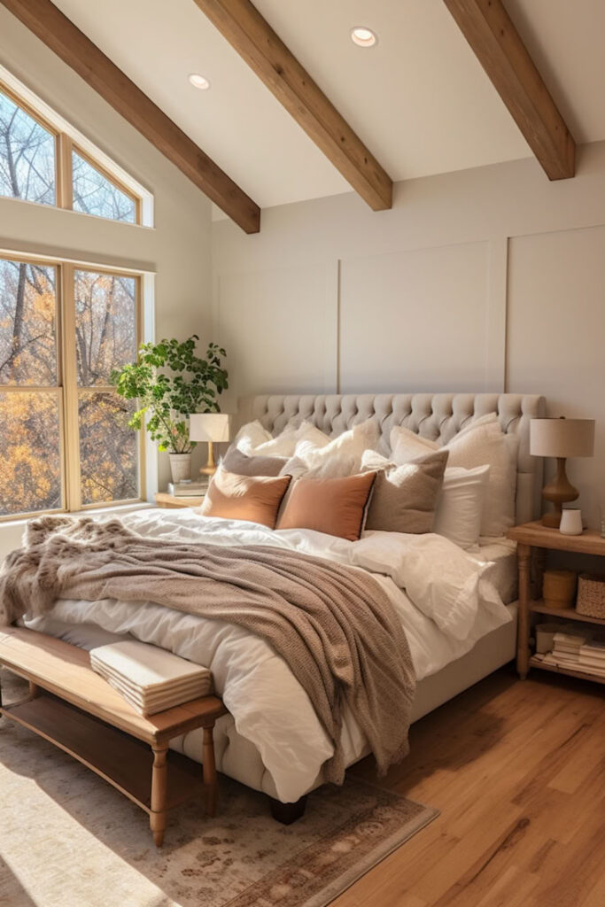 Cozy bedroom with large windows, natural light, wooden beams, and modern decor. Comfortable bed with pillows and blanket.