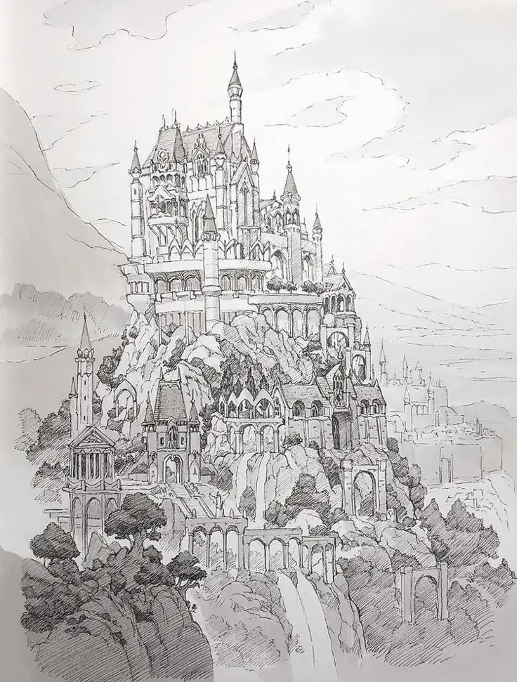 Detailed ink drawing of a fantastical castle perched on a rocky hill, surrounded by arches and turrets.