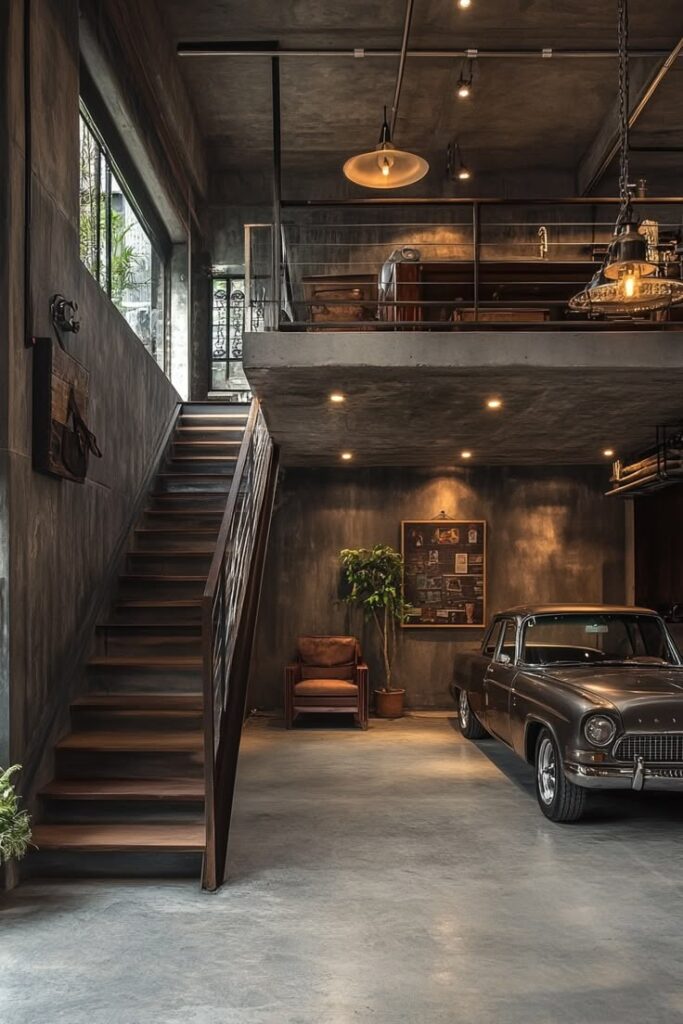 Modern industrial loft with classic car, exposed concrete, wooden staircase, and vintage decor.