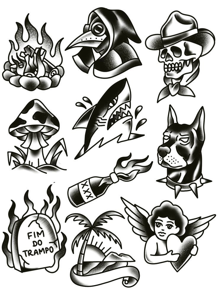 Tattoo flash art featuring plague doctor, skull, shark, dog, flame, mushroom, bottle, palm tree, and angel with heart. Tattoos for Guys