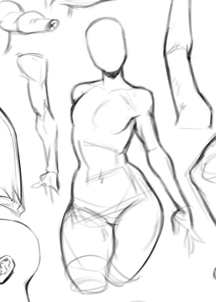 Sketch of a faceless human figure in a dynamic pose, showcasing anatomy and proportion study.