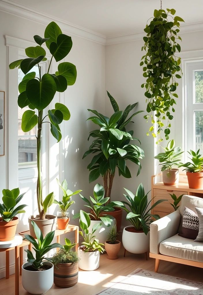 Bright living room filled with various potted houseplants near a window.