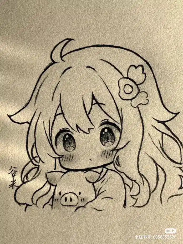 Cute anime girl holding a pig plushie, sketch illustration with big eyes and floral hair accessory.