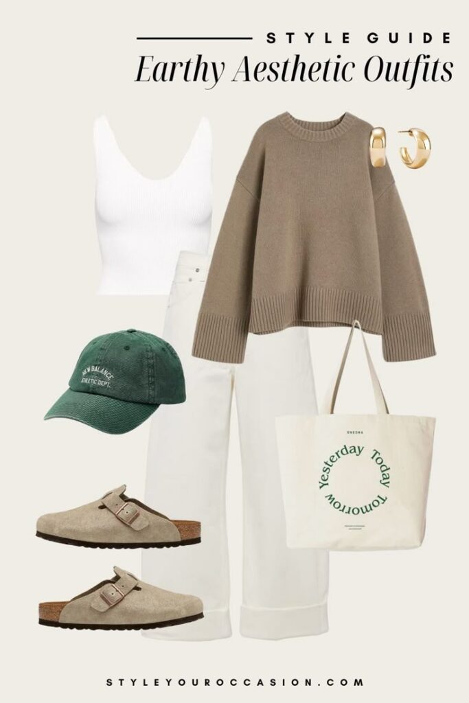 Earthy aesthetic outfit with a cozy sweater, tote bag, sandals, cap, and earrings for a stylish, casual look.