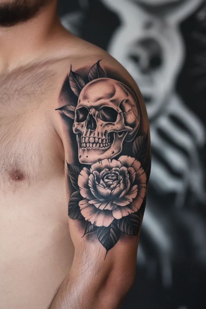 Tattoo of a skull and rose on a man's upper arm, showcasing intricate black and gray shading.