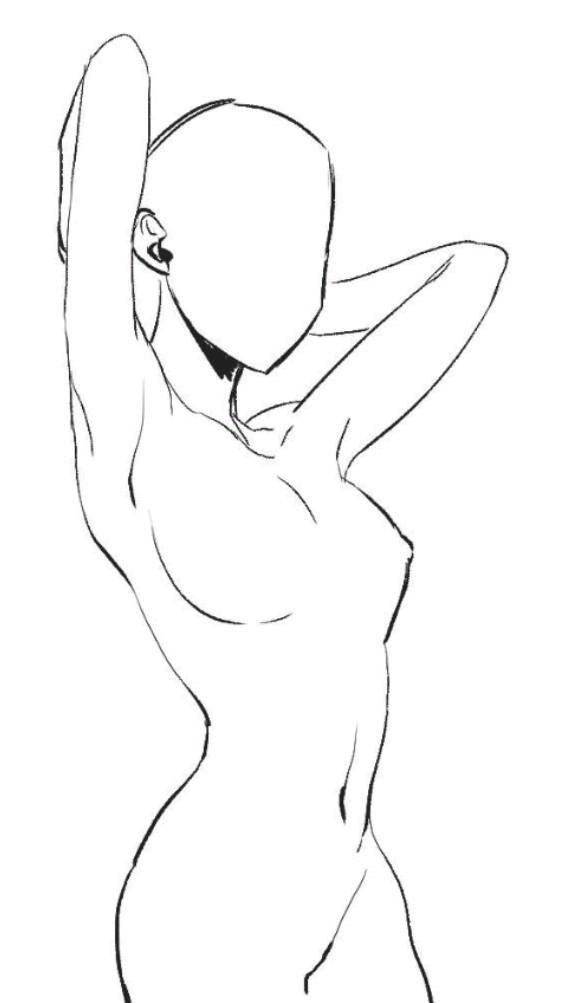 Minimalist line art of a faceless person with arms raised above head, showcasing a stylized anatomical pose.