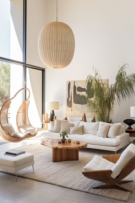 Modern living room with large pendant light, wicker swing chair, white sofa, wooden table, and lush indoor plants.