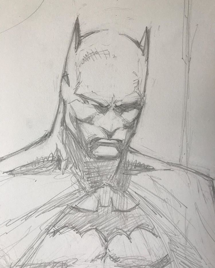 Pencil sketch of a brooding superhero with pointed ears and a symbol on the chest, conveying a dark and intense mood.