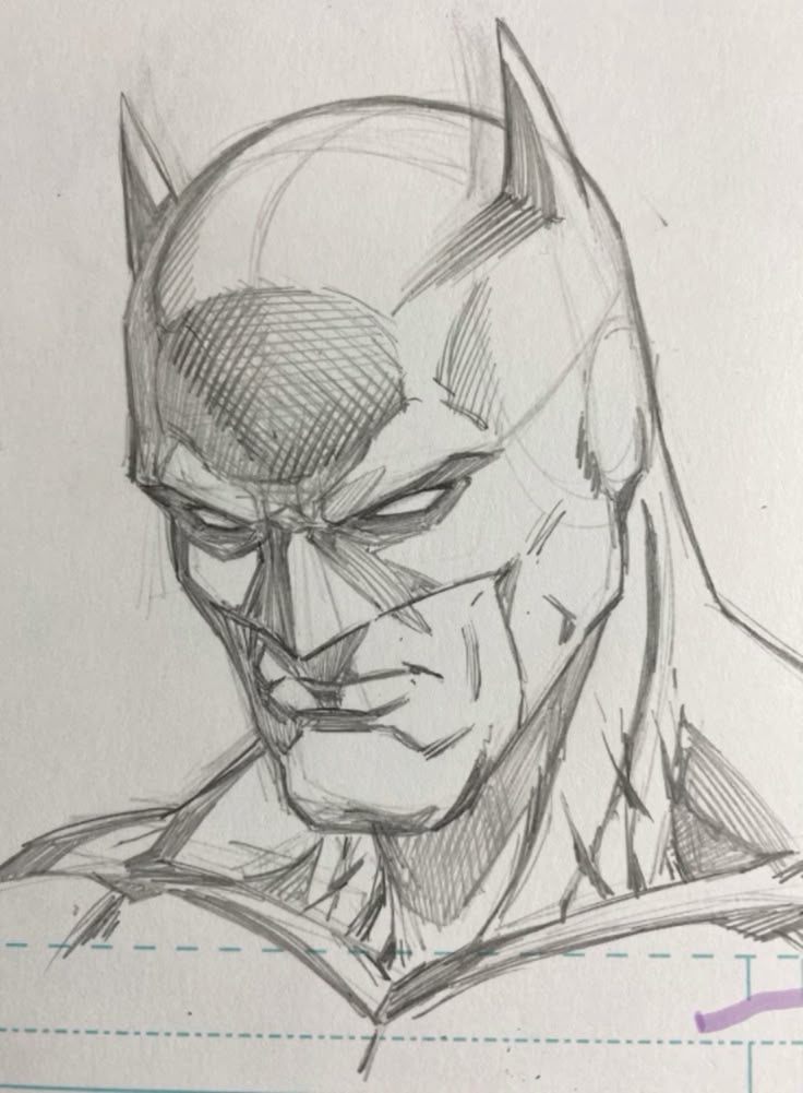 Pencil sketch of a superhero in a cowl with pointy ears, showcasing intense expression, detailed shading.