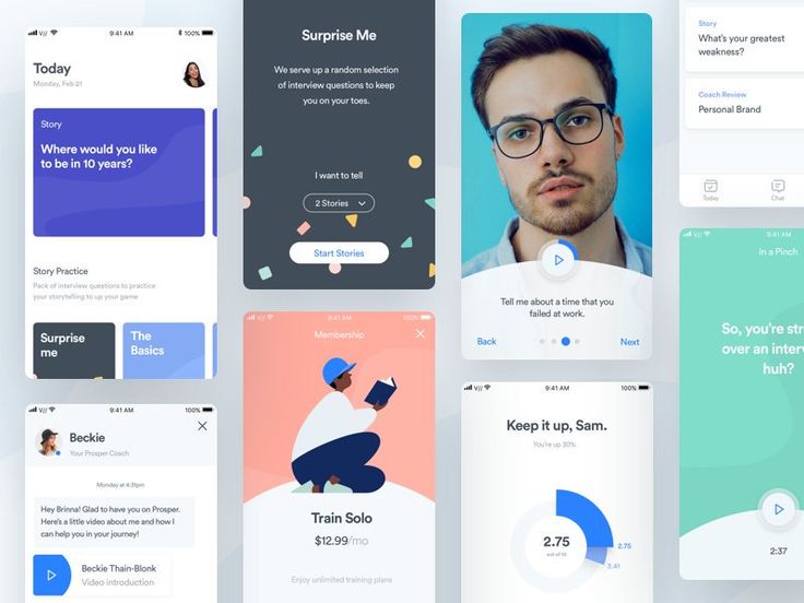 UI design concepts for a productivity app featuring interactive storytelling and performance tracking screens.