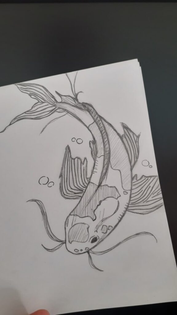 Pencil sketch of a koi fish swimming, detailed with flowing fins and bubbles, on a white paper background.