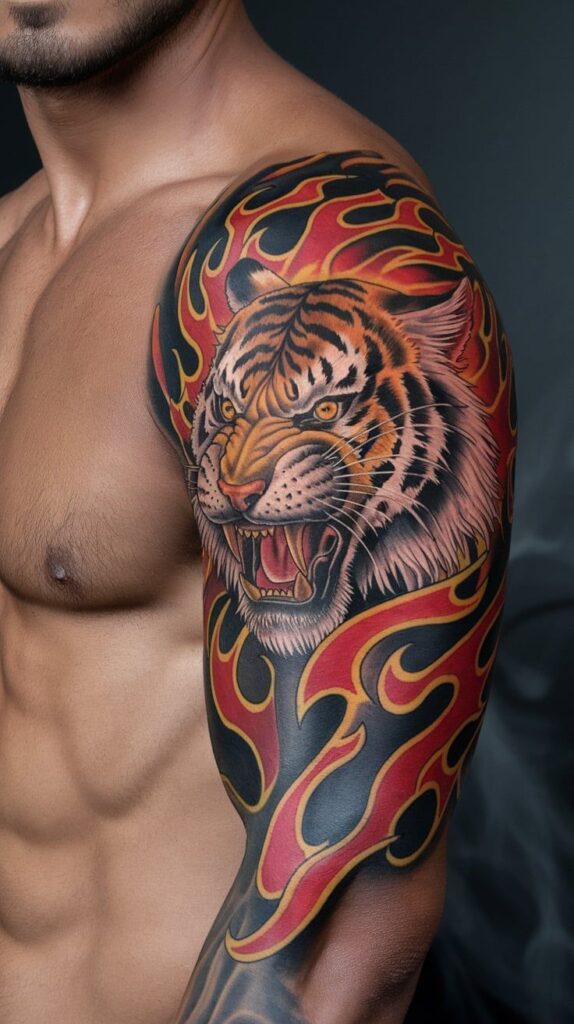 Tiger tattoo with fiery design on muscular arm, showcasing bold colors and intricate details.