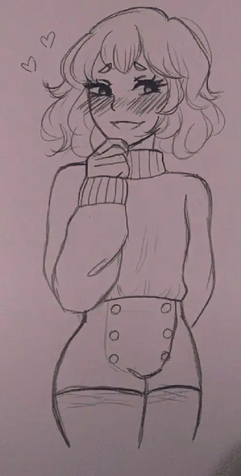 Shy anime girl sketch with wavy hair and a sweater, blushing with hearts above her head.
