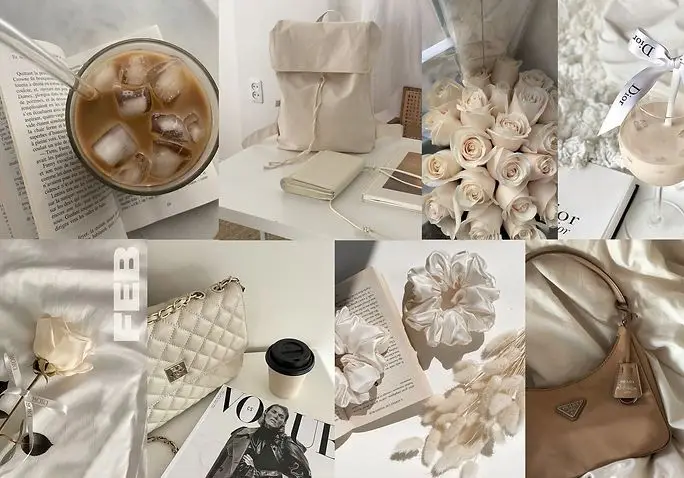 Aesthetic flat lay with iced coffee, beige accessories, roses, fashion magazines, and cozy home decor.